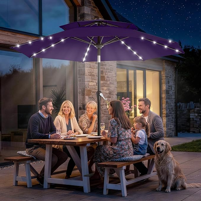 AreShark 9ft 2 Tiers Patio Umbrella with Solar Lights, Outdoor Umbrella w/ 32 LED Lights&8 Sturdy Ribs, Table Umbrella for Deck, Backyard, Pool(Dark Purple)