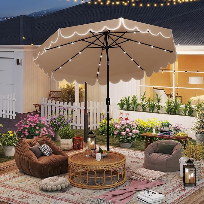 HAPPYGRILL 10 FT Patio Umbrella with Solar Lights, Market Sunshade with Ruffles, Vented Top, Tilt Adjustment & Built-in Crank, Outdoor Parasol Canopy for Backyard Poolside Deck Beach Lawn