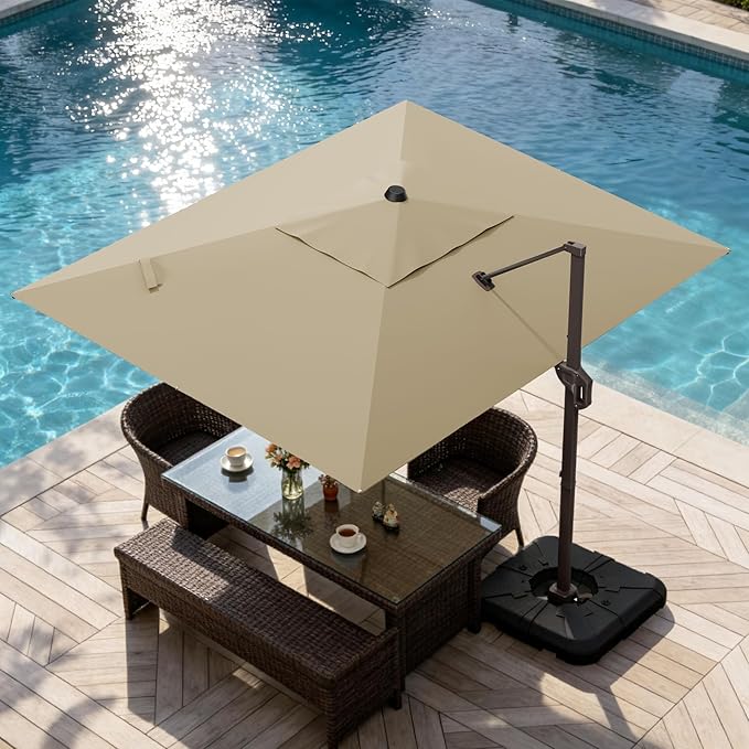 9' X 12' Rectangle Patio Umbrella Cantilever Outdoor Umbrella, 6-Level Tilt & 360° Rotation Offset Umbrella for Garden, Deck, Pool (Beige)