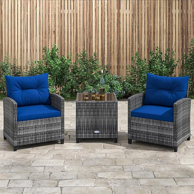 KOTEK 3 Piece Patio Furniture Set, Outdoor PE Rattan Conversation Set with Washable Cushions & Tempered Glass Tabletop, Wicker Chairs and Table Set for Porch, Garden, Balcony (Navy)