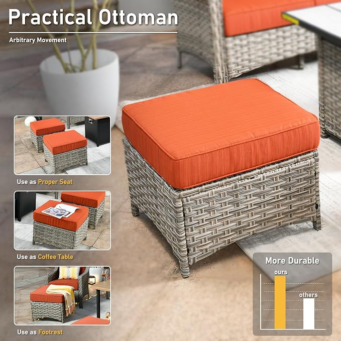 HOOOWOOO 9 Piece Patio Furniture Conversation Sets with Swivel Rocking Chairs,Outdoor Wicker Furniture with Ottoman,All Weather Resistant High Back Rattan Conversational Set(Orange Red)