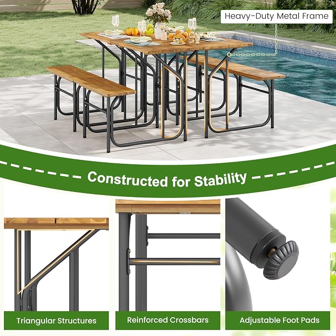 HAPPYGRILL Acacia Wood Picnic Table Bench Set, Dining Table and Bench Set with Heavy Duty Metal Frame, for Patio Porch Garden and Backyard