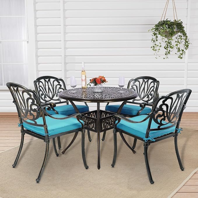 5-Piece Outdoor Patio Dining Set, All-Weather Cast Aluminum Patio Table Set, Include 4 Cushioned Chairs and a 35.4 inch Round Table w/Umbrella Hole for Balcony Garden Backyard, Ocean Blue