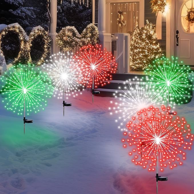 Tujoe 6 Pcs Christmas in July Solar Firework Stake Lights 180 LED 8 Modes Solar Waterproof LED Sparkler Lights Outdoor Decoration for Garden Patio Yard Pathway Walkway Lawn Xmas (Red Green White)