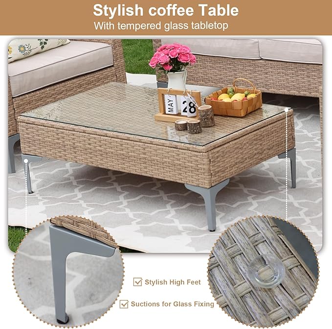 2 Pieces Patio Furniture Set,All Weather Rattan Loveseat with Tempered Glass Table for Porch,Deck,Backyard,Beige