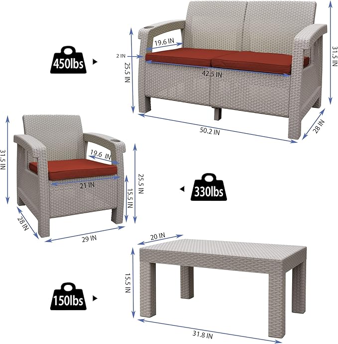 Jeco Pontus 4PC Grey Conversation Patio Set with Brick Red Cushion