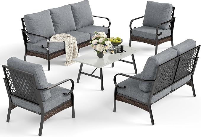 SUNSHINE VALLEY 5 Piece Metal Outdoor Patio Furniture Set, Patio Conversation Set with 1 3-Seater Sofa, 2 Fixed Sofa with 5.75" Thick Cushion & Coffee Table, Black & Gray Backyard Furniture