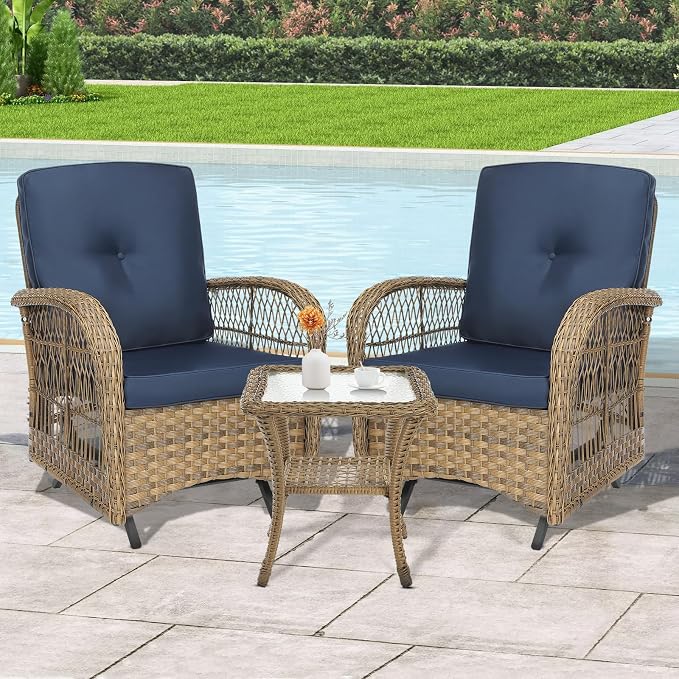 3-Piece Patio Wicker Conversation Bistro Set, All-Weather Gliding Rocking Chairs with Thickened Cushions and Glass Top Table, Outdoor Rattan Furniture Sets for Porch Garden, Navy Blue