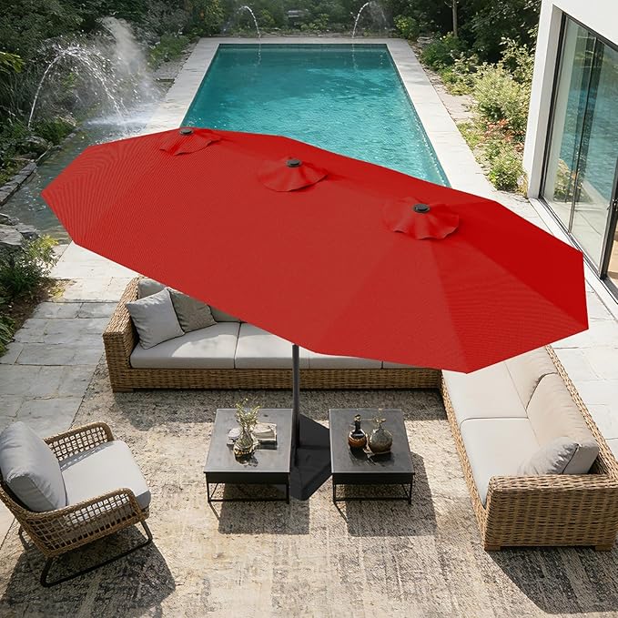 AreShark 15ft Patio Umbrella with Base, Double Sided Outdoor Umbrella with 12 Fiberglass Ribs, Large Outdoor Umbrella for Garden, Pool, Deck, Backyard & Market, Red