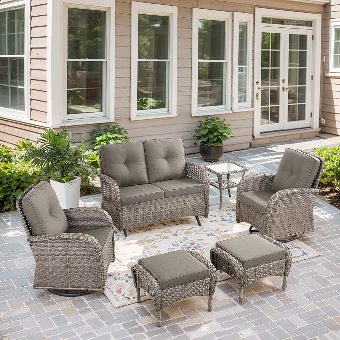 Belord 5 Piece Outdoor Patio Furniture Set with Deep Seating Swivel Rocker Chairs Loveseat and Rattan Coffee Table Outdoor Conversation Sets for Deck Backyard Poolside,Gray Wicker Gray Cushion