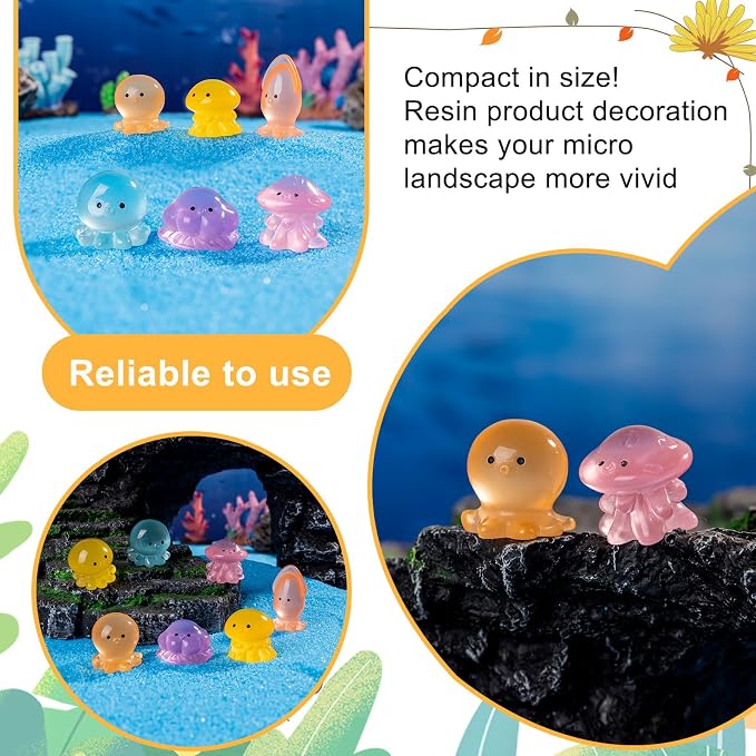 60 PCS 6 Styles Glow in Dark Mini Resin Octopus Figurines, Assorted Luminous Ocean Creature Miniature Dollhouse Accessories, Bulk Tiny Marine Ornaments for Fairy Garden DIY Aquarium Decor