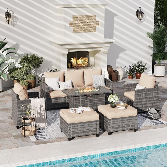6 Pieces Patio Furniture Set with 44" Gas Fire Pit Table, Outdoor Sectional Conversation Sets, All-Weather Wicker Rattan Sofa w/Gas Fire Pit, Ottoman, Thick Cushion Khaki