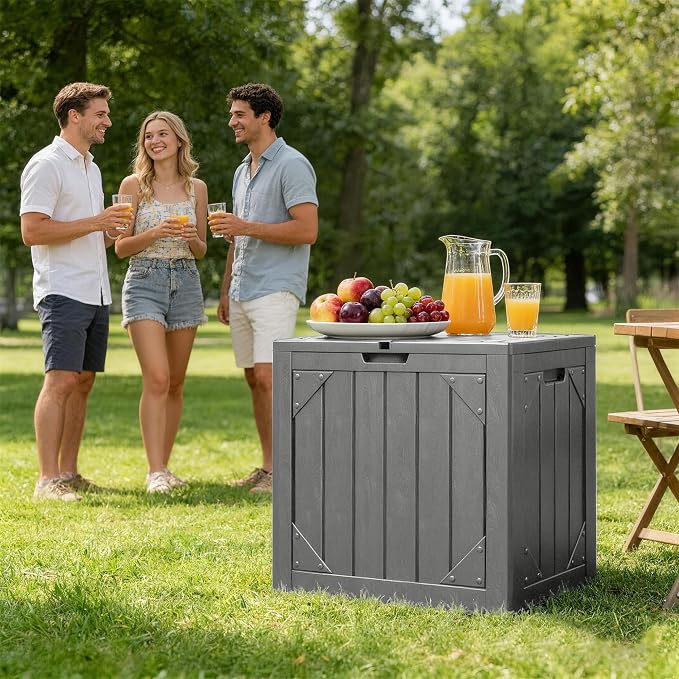 30 Gallon Outdoor Storage Box, Waterproof Resin Deck Box with Lockable Lid Large Storage Bin for Patio Furniture Cushion, Garden Tools, Pool Accessories, UV-Resistant Outside Delivery, Gray