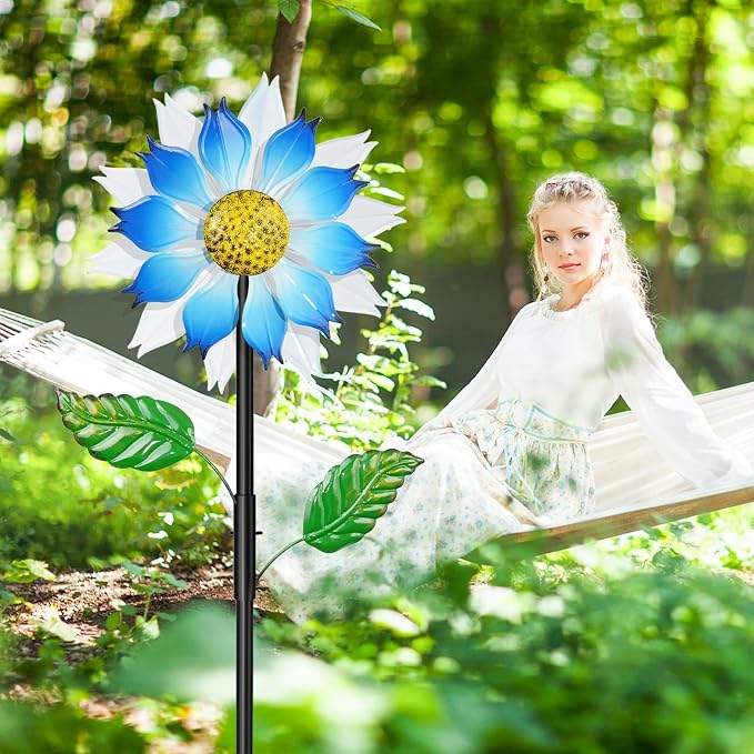 Blue Flower Metal Wind Spinner, 63.4" Kinetic Large Wind Sculptures with 5 Prong Anti-Tip Ground Stake, All Weather Kinetic Yard Art Decor for Lawn Garden Patio Outside Ornament