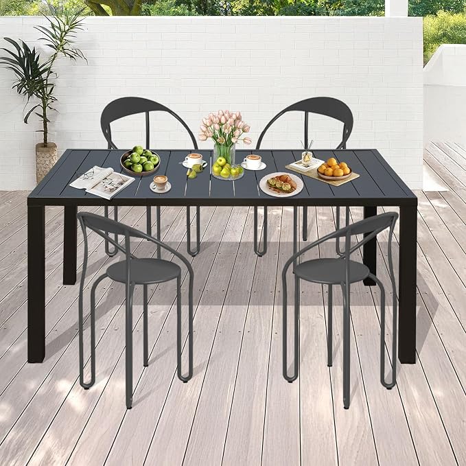 Domi Outdoor Dining Table for 6 Person, Rectangular Slatted Metal Patio Table for Deck Garden Lawn Backyard Use with Umbrella Hole, Brown