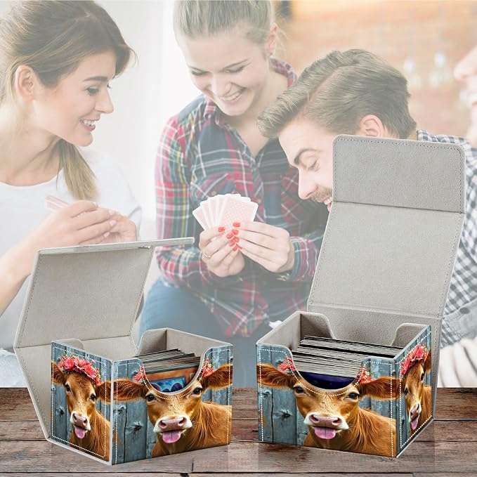 Card Deck Box for MTG, Cards Storage Box Fits 120+ Sleeved, Leather Small Size Strong Magnetic Closing Card Case for Board Games Magic TCG CCG Baseball Collection, Pink Flower Cow