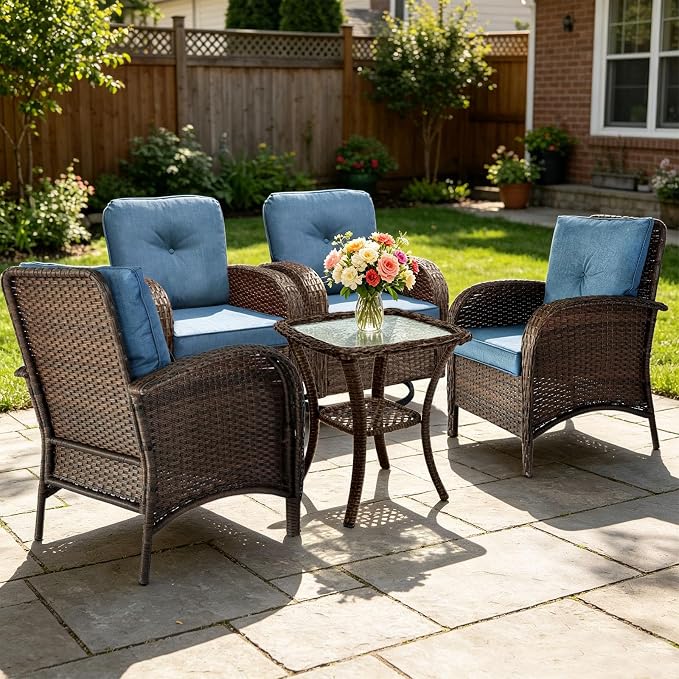 SHGJ&SOFT All Weather Patio Furniture Set, High Back Swivel Rocker Glider Chairs,Ottomans & Glass Tables, Outdoor Conversation Set for Deck Porch Yard Poolside (Blue, 5PCS-Swivel Chairs&Chairs&Table)