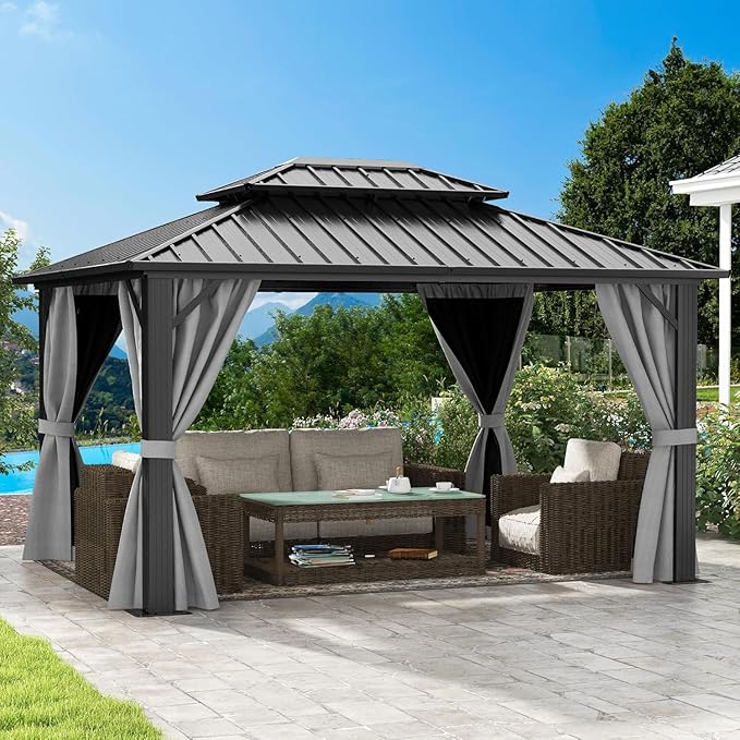 DWVO 10x12ft Gazebo Double Roof Hardtop with Nettings and Curtains, Heavy Duty Galvanized Steel Outdoor Vertical Stripes Roof for Patio, Backyard, Deck, Lawns, Grey