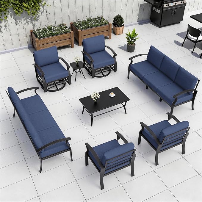Kurapika Aluminum Patio Furniture Set 10-Seat Modern Metal Outdoor Conversation Sets w/5.1 Inch Cushion Patio Sectional Sofa with Rectangular Coffee Table, Navy Blue