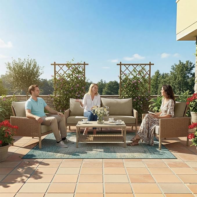 4-Piece Wicker Patio Furniture Set, Outdoor Conversation Set with Coffee Table and Removable Thickened Cushions, Modern Sectional Sofa for Backyard, Garden & Lawn, Beige
