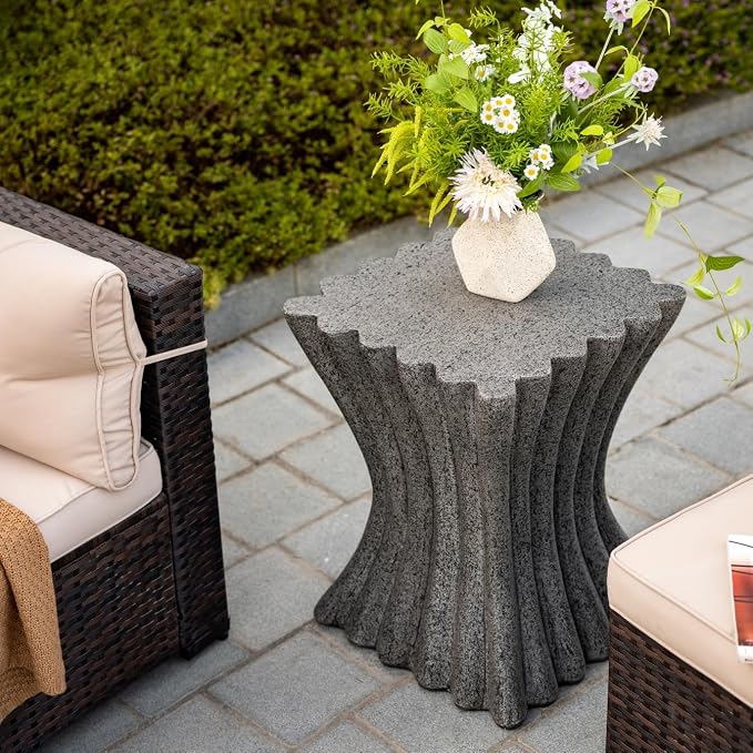 Outdoor Side Table β Lightweight Stone Patio Coffee Stand, Concrete End Table for Backyard, Balcony,Living Room,Bedroom(Wooden Stripes)