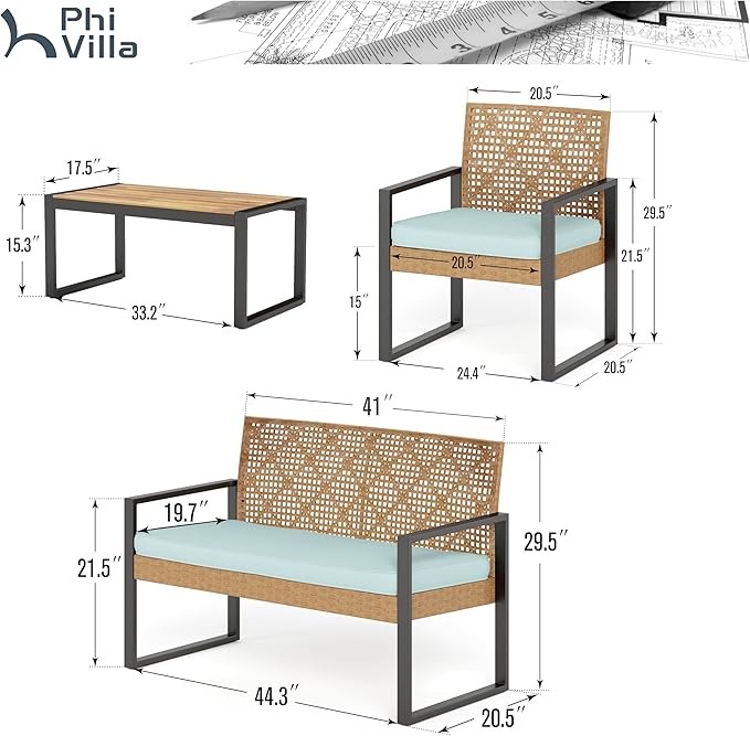 PHI VILLA Patio Wicker Furniture Set for 4, Yellow Rattan Loveseat & Chairs with Cyan Cushions & Acacia Wood Coffee Table, Outdoor Modern Conversation Sofa Set for Deck, Yard, Porch