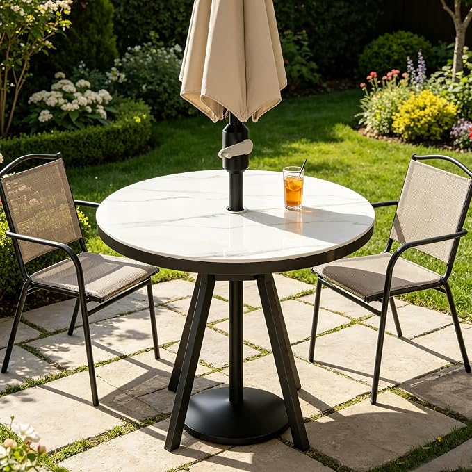 ZL ZELing Outdoor Round Patio Table Top with Umbrella Hole-35.43Inch Sintered Stone Dining Table for Outdoor Patio,Weather-Resistant Slate Countertop Replacement for Garden,Deck,Bar
