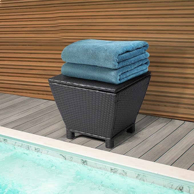 Outdoor PE Wicker Side Table with Storage, 13 Gallon Patio Storage Bin Container for Hose Cushion Towel, Rattan End Table for Backyard Garden Deck, 112 lbs Capacity, Black