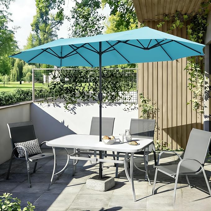 13 ft Patio Umbrella, Large Rectangle Outdoor Umbrella with Strap, Crank, Blue