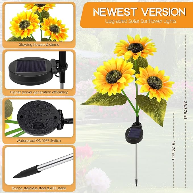 Solar Path Lights Outdoor 4 Pack, LED Flower & Sunflower Decor, Waterproof Auto On/Off, Bigger Solar Panel for Yard, Patio, Garden Walkway Decoration Gift for Mom (Yellow)