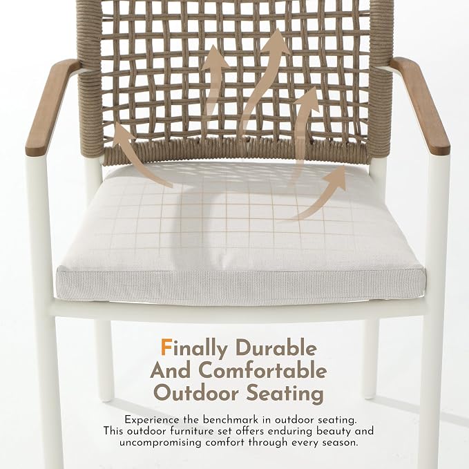 Modern Shade Riviera Outdoor Dining Chairs Set of 6, Fade Resistant, All-Aluminum Woven Rope Outdoor Chairs with FSC Teak Wood Armrests, Weather-Resistant Patio Chair with Quick Dry Cushion, Beige