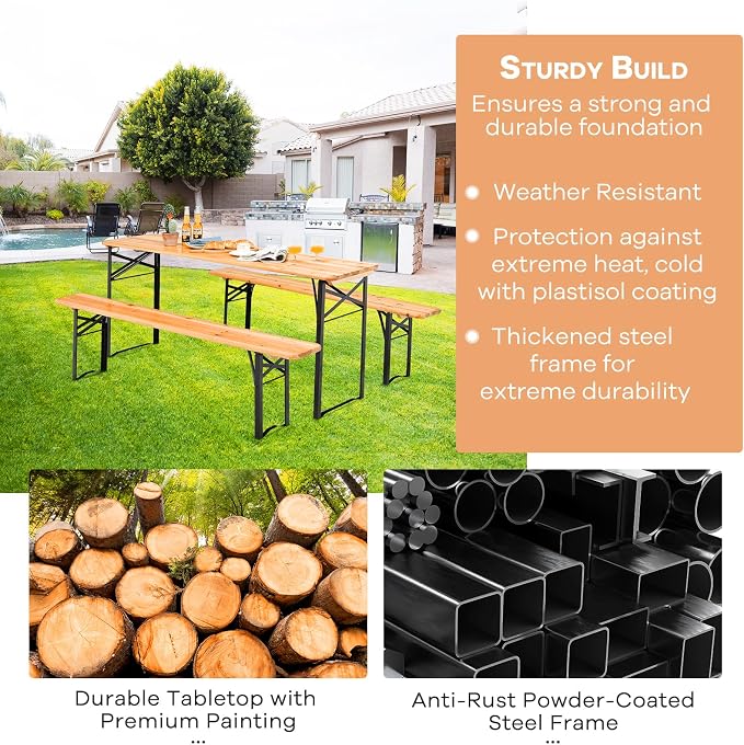 NAFORT 6FT Picnic Table Set, 3-Piece Folding Beer Table & Bench, Portable Wooden Picnic Tables for Outdoors Dining Table Set w/Metal Frame for Patio Garden