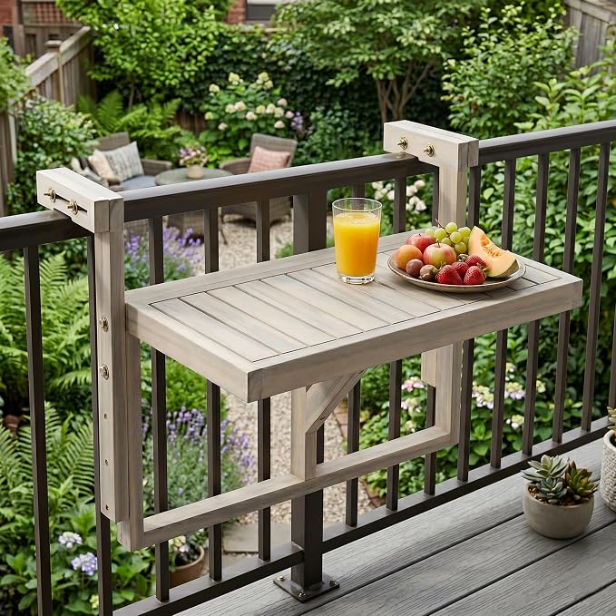 Acacia Wood Balcony Hanging Table – 1PCS Stable Fixed Outdoor Railing Table – Weather-Resistant White Finish – Adjustable Mounting for Small Balcony, Patio, and Porch – Heavy-Duty Deck Side Table