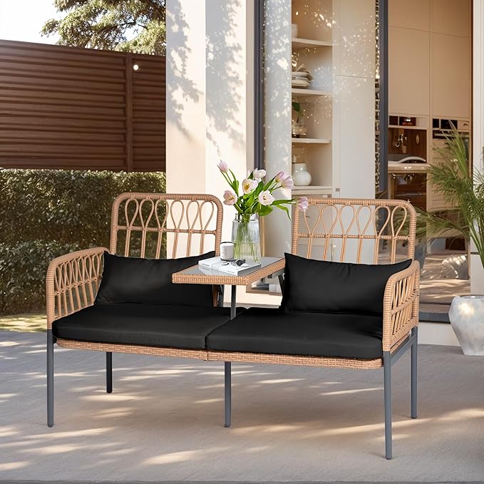 PROHIKER Patio Furniture Outdoor Rattan Loveseat 2-Seat with Built-in Table, Lumbar Pillows and Cushions, All-Weather Wicker Loveseat Porch Chairs for Balcony, Lawn, Backyard
