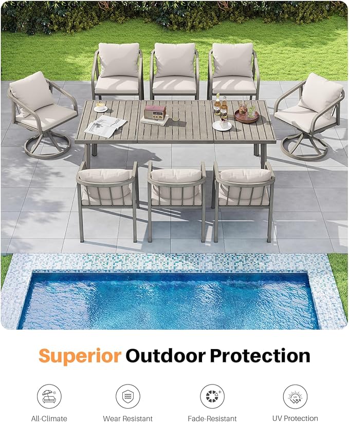 9-Piece Outdoor Dining Set, Never-Rust Aluminum Patio Dining Set with 2 Swivel Chairs, Patio Table and Chairs Set with Washable Cushions, Outdoor Furniture Set for Deck, Backyard, Gray Oak