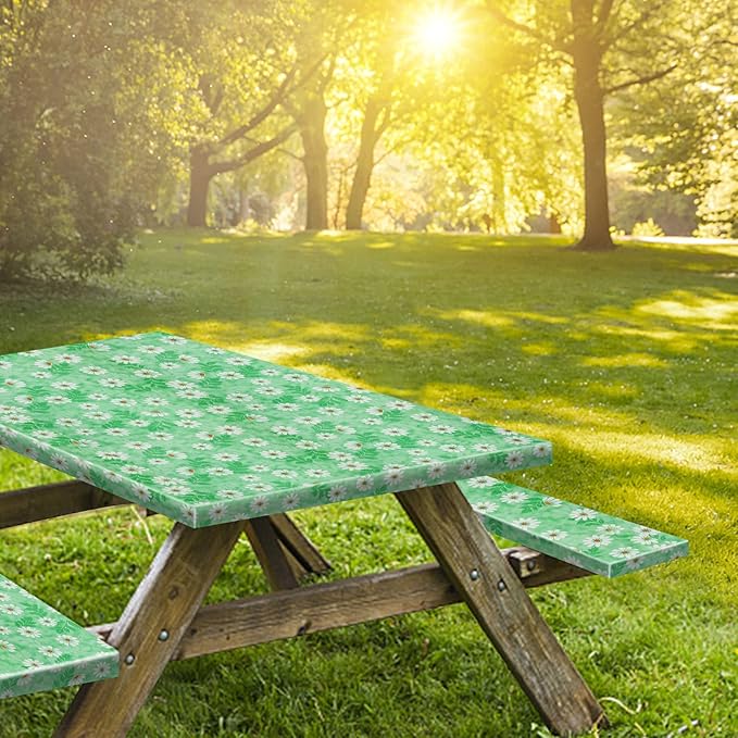 KENOBEE 8ft Picnic Table and Bench Cover, Camping Essentials RV Gear, 96 in Waterproof Windproof Outdoor Elastic All Around Tablecloth, Fitted Rectangle Tables and Seats, Green Chrysanthemum
