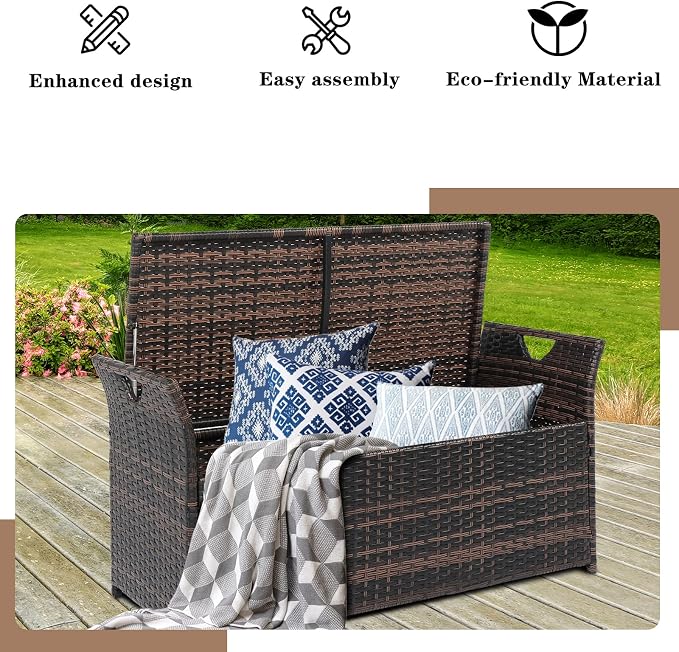 33 Gallon Outdoor Wicker Storage Bench with Cushion, Rattan Storage Box, 2-in-1 Large Capacity Rectangle Garden Storage Box Wicker Deck Box with Handles&Seat for Backyard, Balcony, Poolside (Brown)