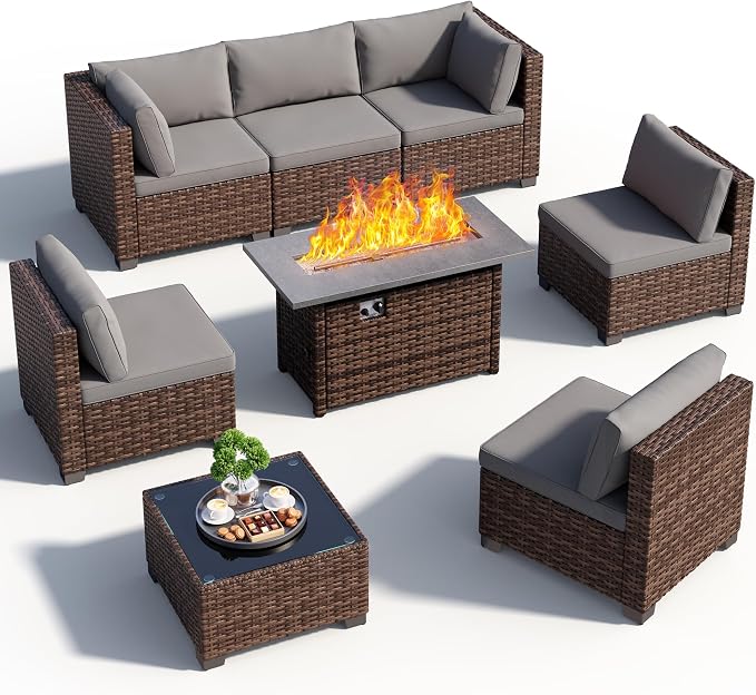 Qsun 8 Pieces Outdoor Patio Furniture Set with 44.9" Fire Pit Table, All-Weather Wicker Outdoor Patio Sectional Set with Coffee Table, for Garden Backyard