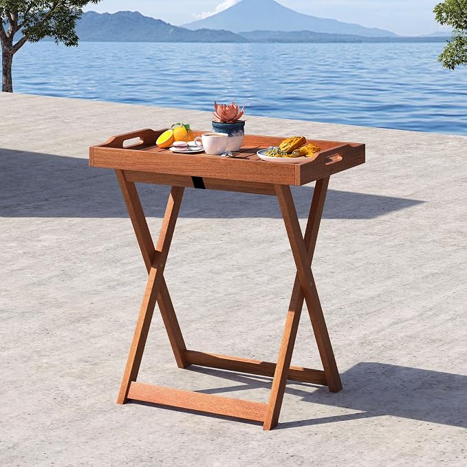 Giantex Outdoor Side Table Set of 2, Wooden Folding Table with Removable Tray Top, Food Serving Tray with Stand for Patio, Porch, Garden, Backyard & Poolside