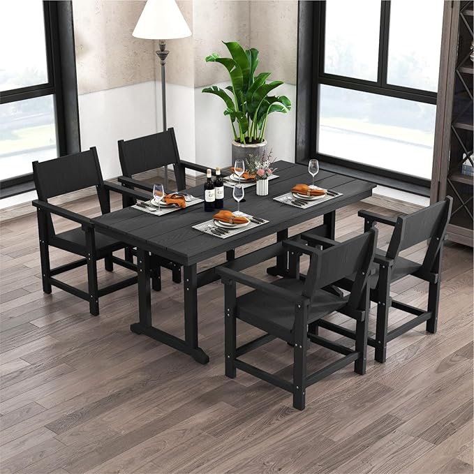 5-Piece HDPE Outdoor Patio Dining Set,Outdoor Table and Chairs,Modern Plastic Dining Sets with Umbrella Hole Cut-Out Table and 4 Chairs Black