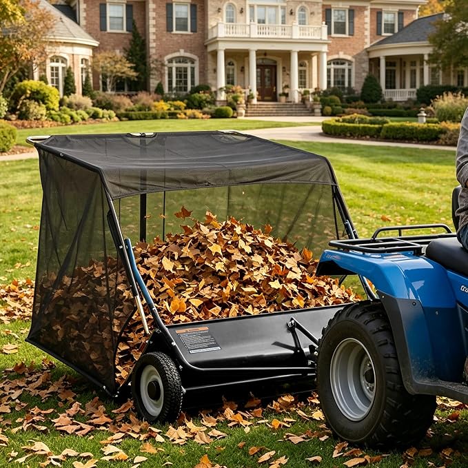 44 Inch Tow Behind Lawn Sweeper, 29 cu.ft Extra-Large Heavy Duty Leaf & Grass Collector, Pull Behind Sweeper with Tool-Free Adjustable Brush Height, Dumping Rope for Riding Mower,Yard Driveway Cleanup