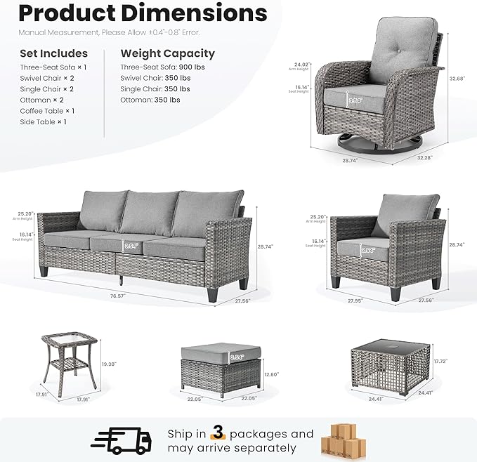 ovios 9 Pieces Patio Furniture Set, Outdoor Wicker Sofa Couch with Rocking Swivel Chairs Solar Lights Table, Modern Deep Seat Rattan Conversation Sets for Deck Porch, Dark Grey