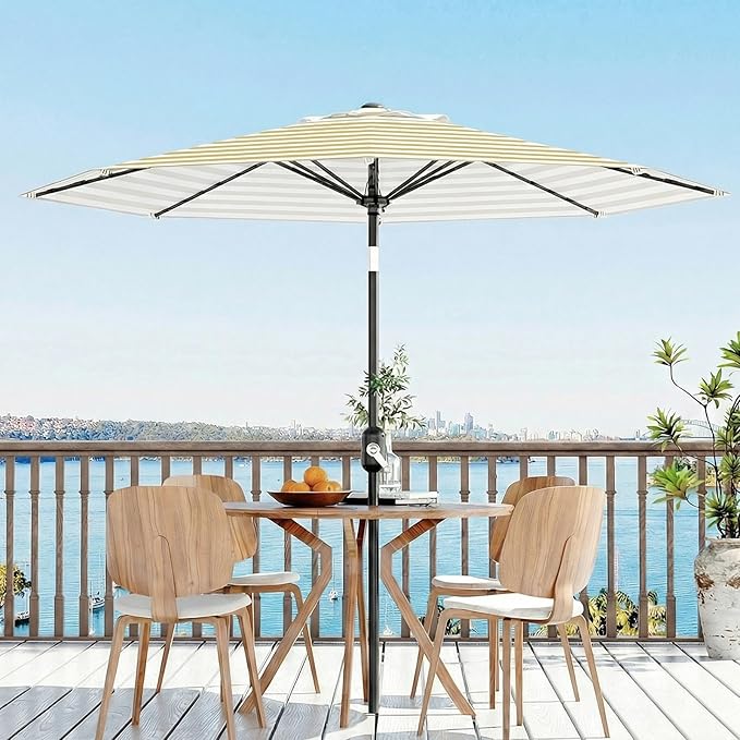 GarveeLife 9FT Patio Umbrella Outdoor, Table Umbrella with Push Button Tilt and Crank, 8 Sturdy Ribs UV Protection Waterproof for Garden, Pool, Market, Deck (Brown & White Stripe)