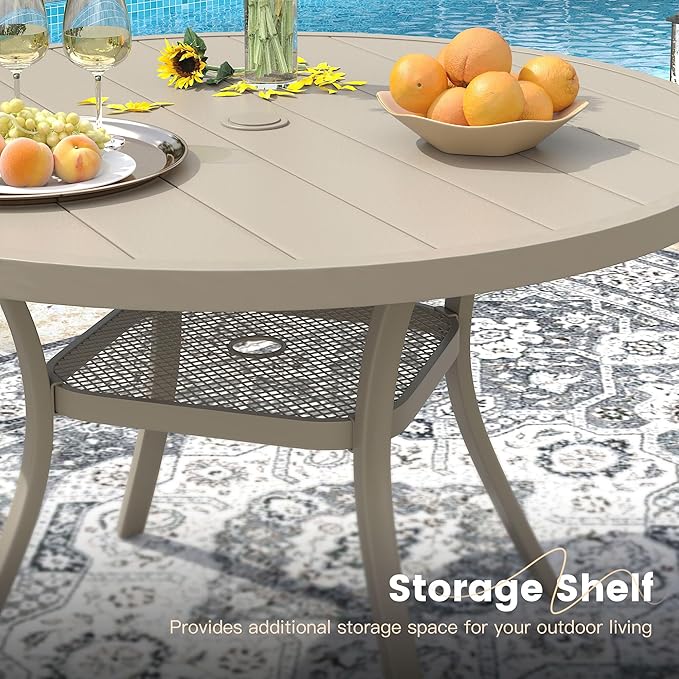 VICLLAX 7 Pieces Patio Outdoor Dining Set, 47.2" Round Metal Table with Umbrella Hole and 6 Stackable Textilene Chairs for Patio, Lawn, Garden, Porch, Sandshell