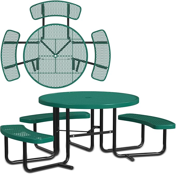 Leisure Craft Metal Picnic Table with Bench - 46" Round Outdoor Dining Table with Umbrella Hole, Heavy Duty Thermoplastic Coating, ADA Compliant, Commercial Grade Furniture Made in USA - Green