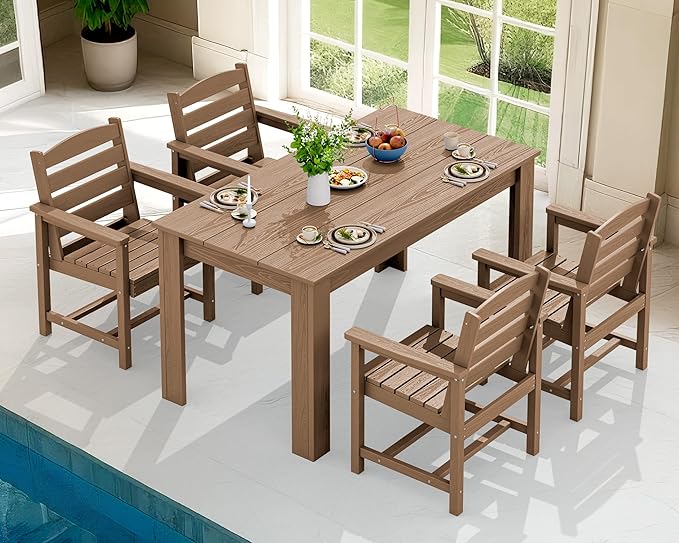 SERWALL Patio Dining Sets for 8, Outdoor Dining Sets for 8 Person with 2 Umbrella Hole Cut-Out Rectangular Tables and 8 Chairs, HDPE Dining Sets for Garden, Backyard, Poolside, Brown