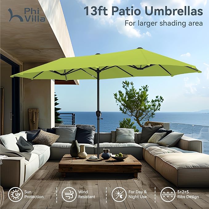 PHI VILLA 13ft Large Patio Umbrellas, Double-Sided Outdoor Market Rectangle Umbrella for Outside, Lime Green