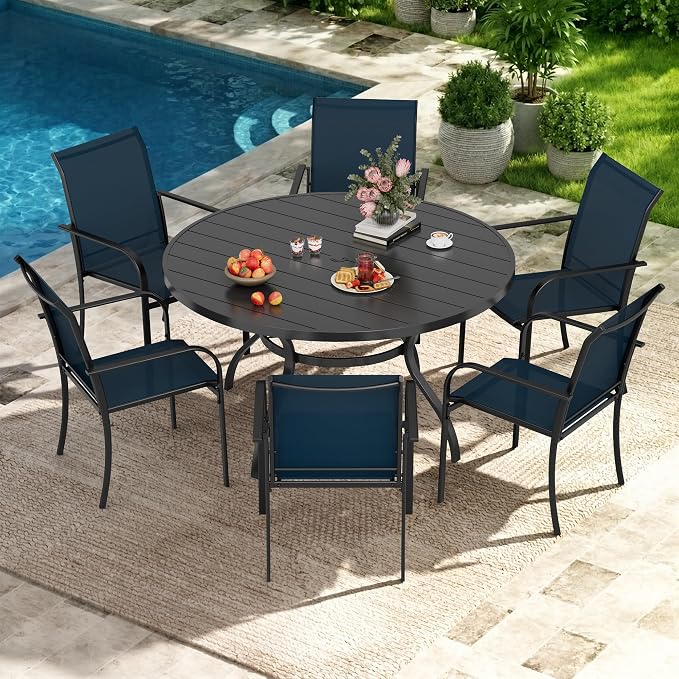 Incbruce 7 PCS Patio Dining Set, Outdoor Dining Set of 6 Textilene Chairs and 53" Round Table with Umbrella Hole for Backyard, Garden, and Poolside (Blue)
