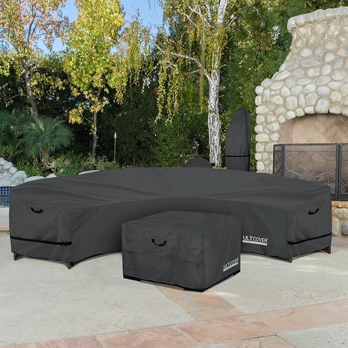 ULTCOVER Patio Curved Sofa Cover Waterproof for 5-7 Seater Outdoor Sectional Furniture Couch 190"(Back Arc Length) / 126"(Front Arc Length) x 32"(Deep), Black