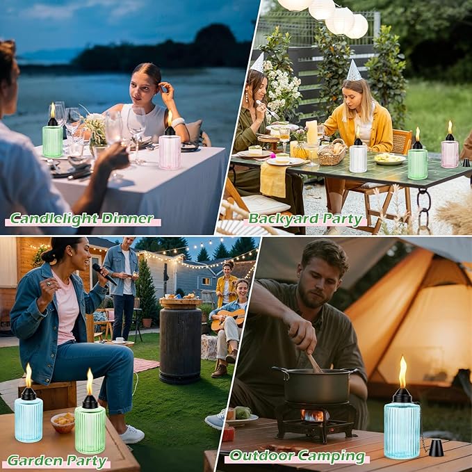 4 Pack Glass Table Top Torches, 12oz Citronella Outdoor Torches Flame Light Torch with Wick & Cap, Multicolor Refillable Flame Landscape Lanterns for Patio Yard Garden Party Decor